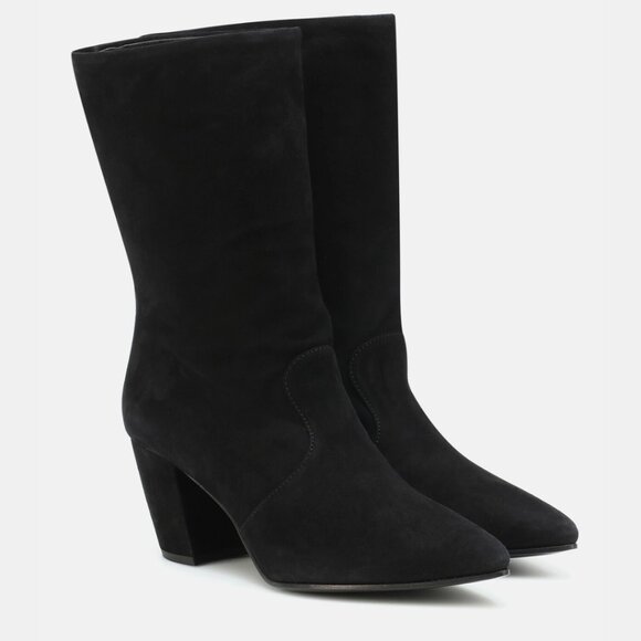 NWt Prada Mid Calf Boots Black Suede Leather Pointed Toes Block Heels Sz 35 - Picture 2 of 10